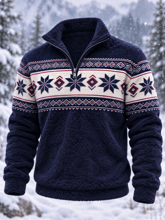 Herre-sweatshirt i nordisk Fair Isle-stil med geometrisk snefnugmønster, flannel