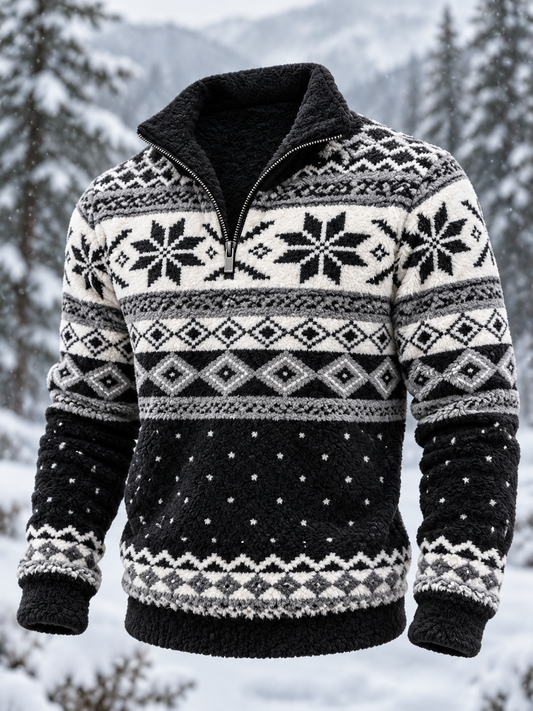 Herre-sweatshirt i nordisk Fair Isle-stil med geometrisk snefnugmønster, flannel