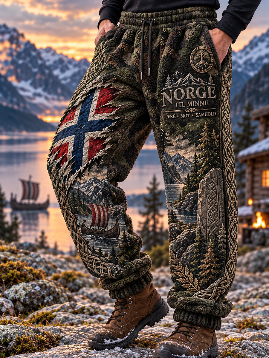 Herreflanellbukser med trykk inspirert av mytiske vikingevesener