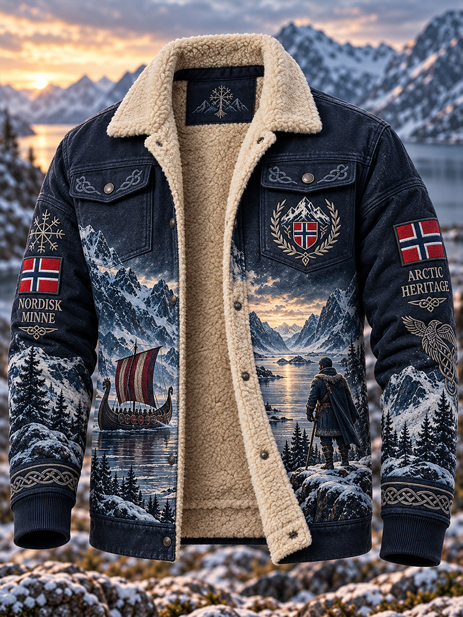 Herrejakke med fleecemateriale på innsiden og trykk inspirert av mytiske vikingevesener.
