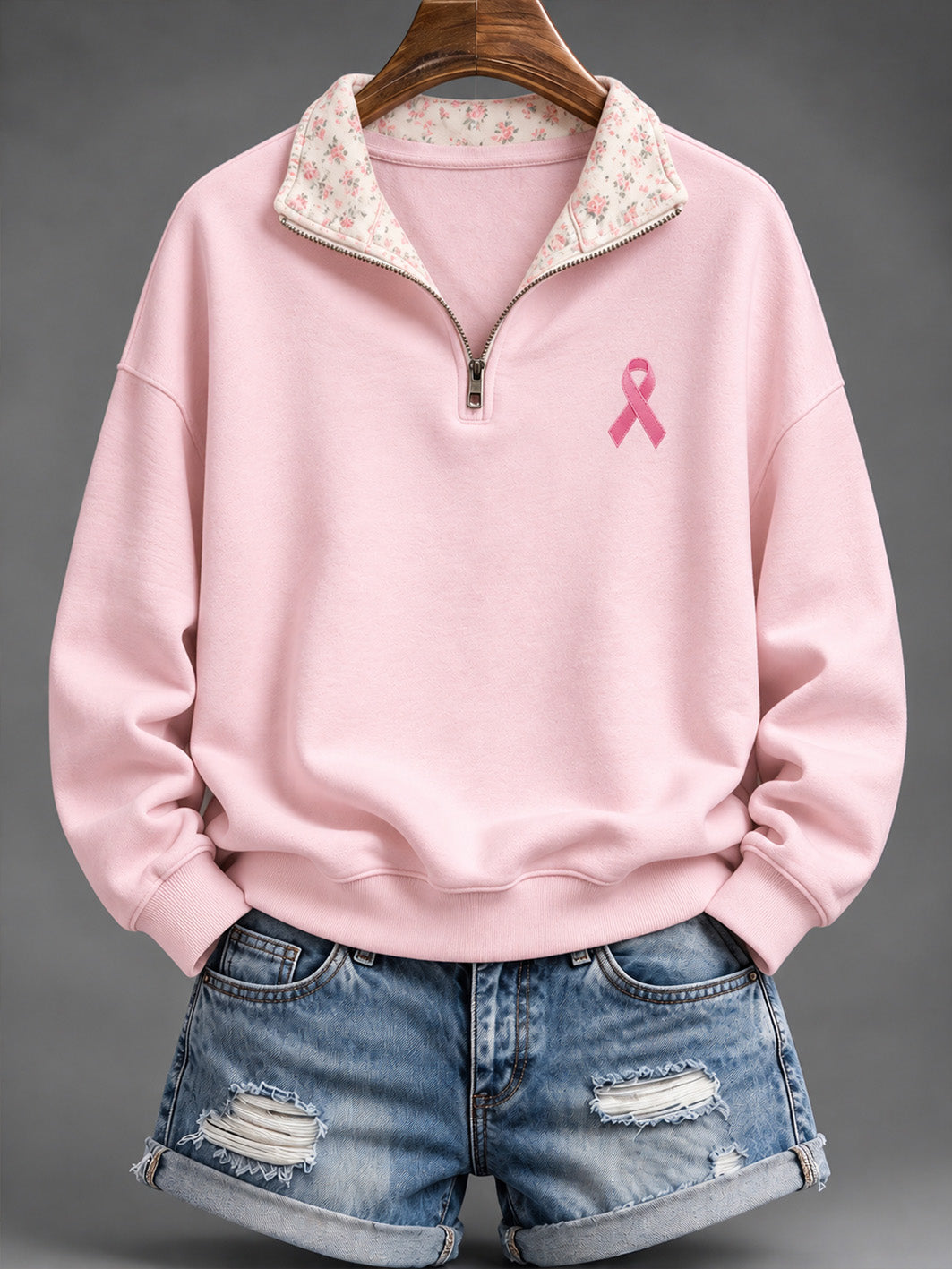 Kvinders pink velgørenhedsbånd mønster Tie-Dye Design Casual Half-Zip sweatshirt