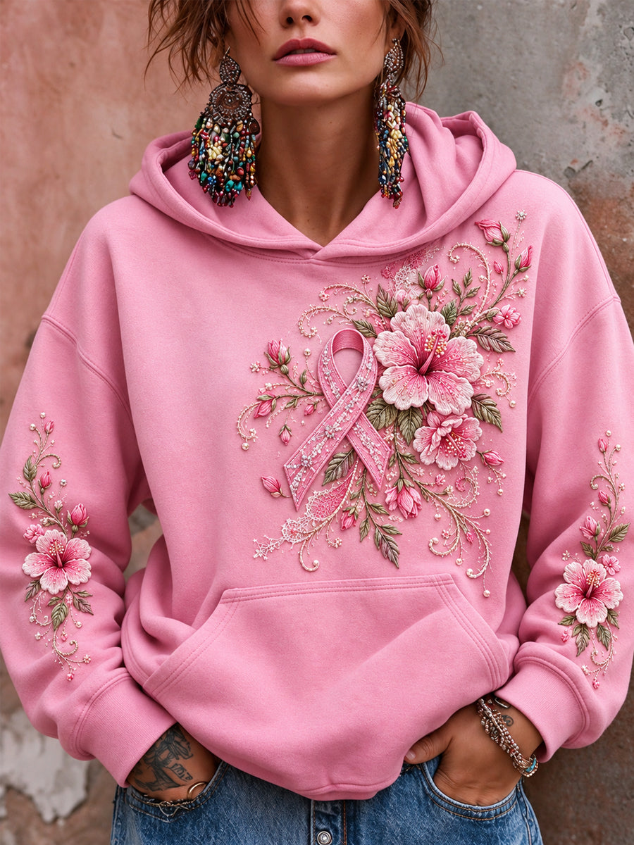 Damehoodie med lyserød sløjfe og blomsterprint til støtte for kræftbevidsthed hos kvinder
