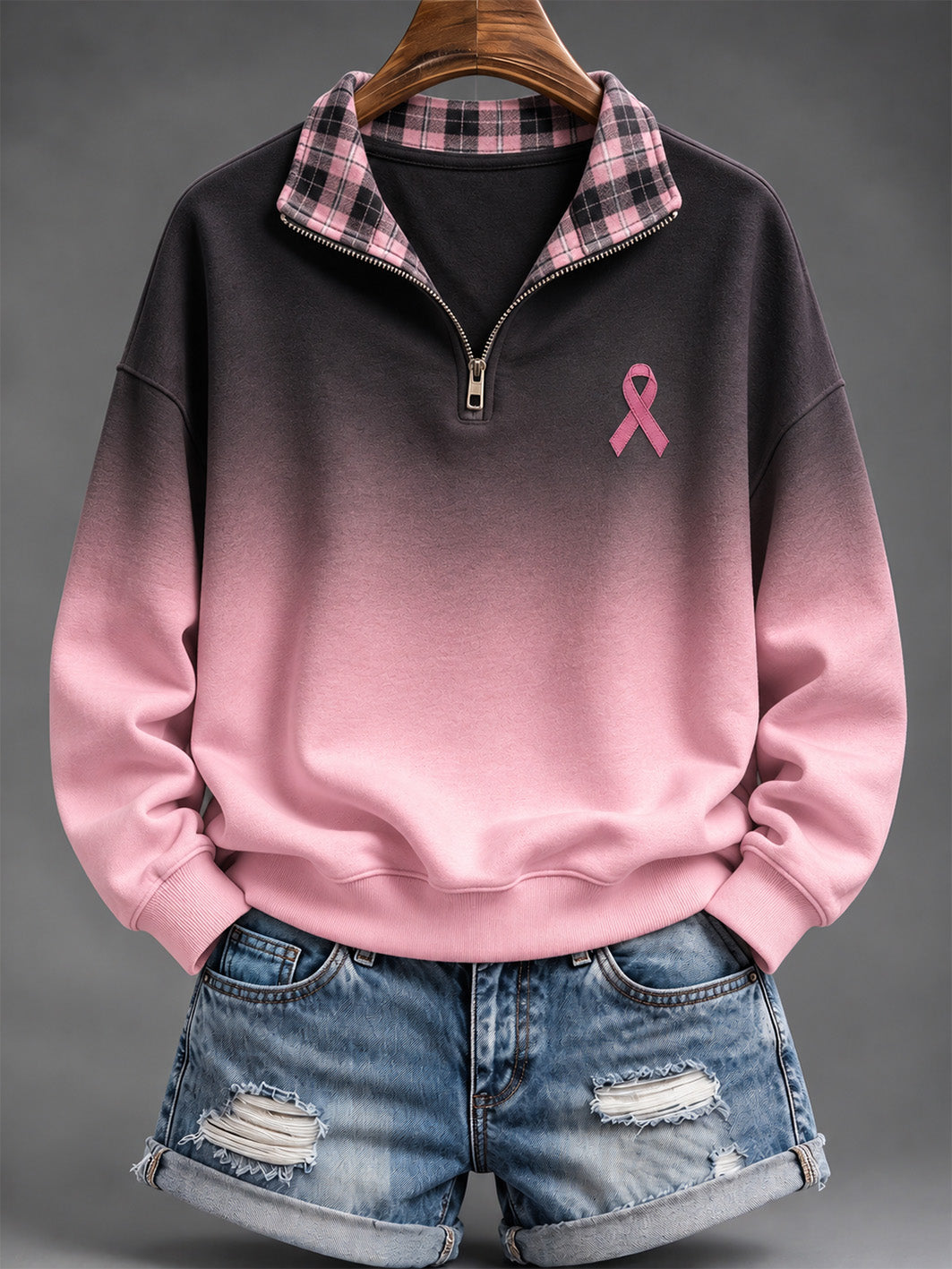 Kvinders lyserøde velgørenhedsbånd Mønster Checkered patchwork gradient Design Casual Half-Zip Sweatshirt
