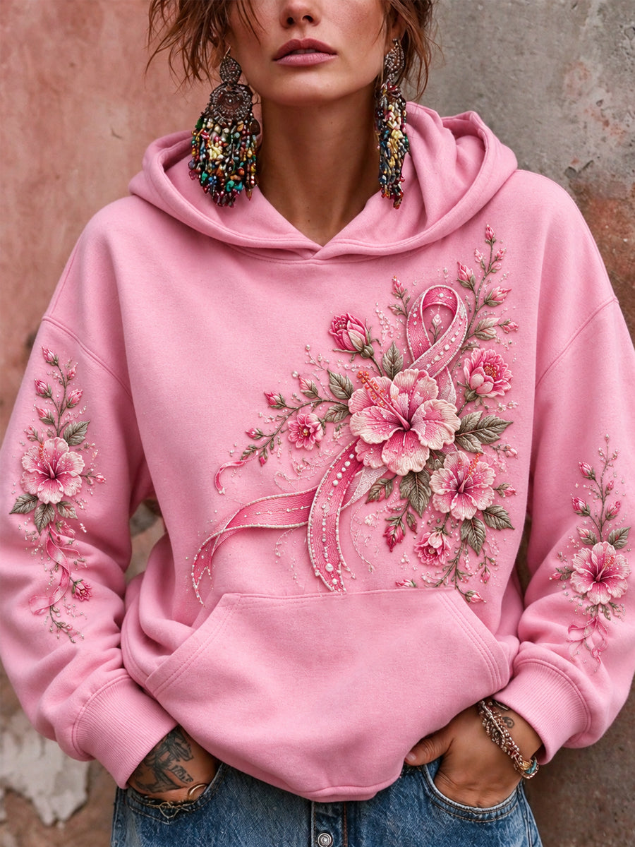 Damehoodie med lyserød sløjfe og blomsterprint til støtte for kræftbevidsthed hos kvinder