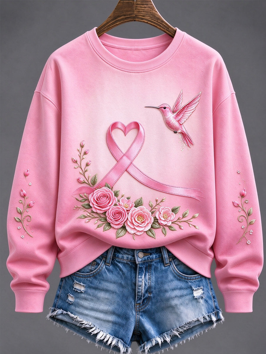 Dame-sweatshirt med lyserød sløjfe, blomster- og kolibri-print til støtte for brystkræftbevidsthed
