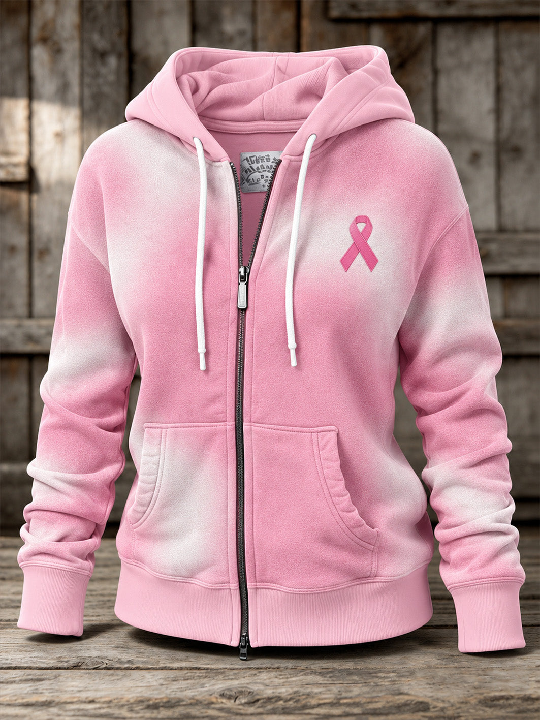 Kvinders lyserøde velgørenhedsbånd mønster Tie-Dye Design Casual zip-Up Hoodie.
