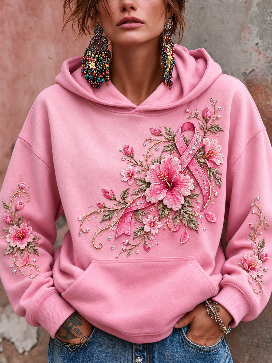 Damehoodie med lyserød sløjfe og blomsterprint til støtte for kræftbevidsthed hos kvinder