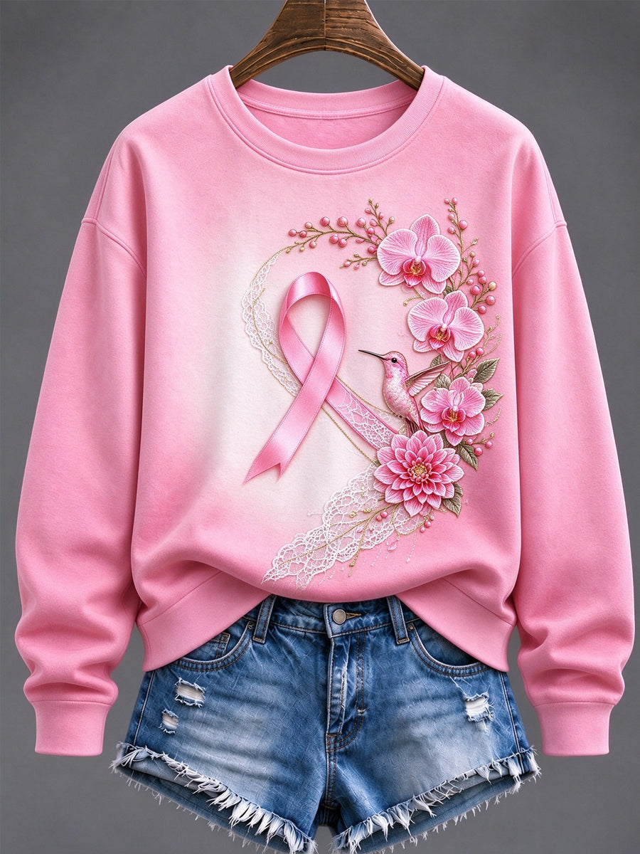 Dame-sweatshirt med lyserød sløjfe, blomster- og kolibri-print til støtte for brystkræftbevidsthed