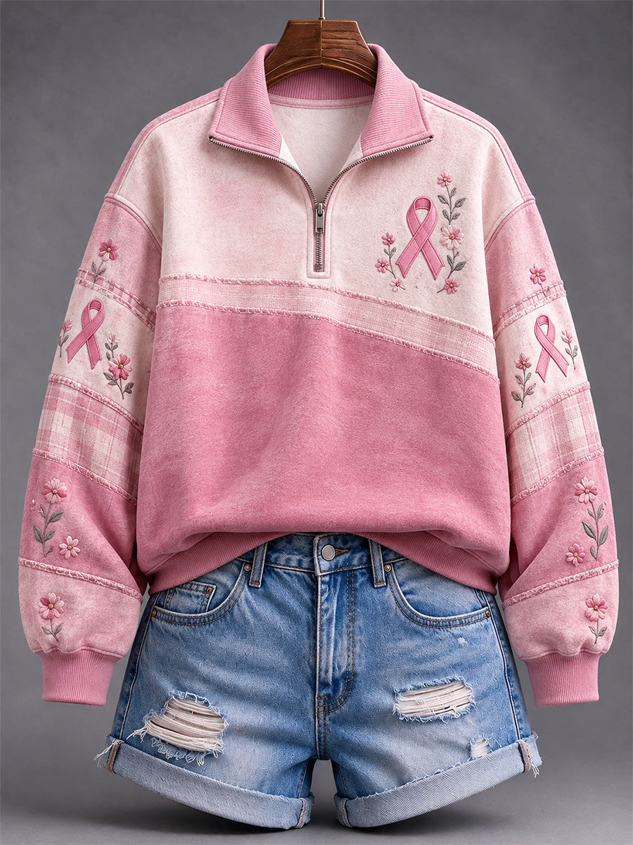 Kvinders Vintage blomster lyserød bånd udskrive zip op sweatshirt