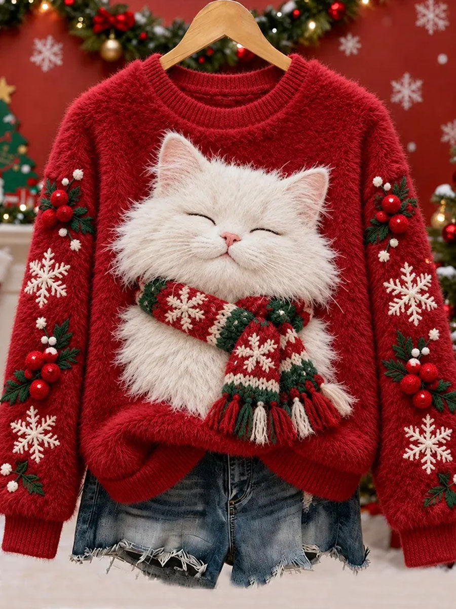Dameflanelsweatshirt med kattemotiv til vinteren