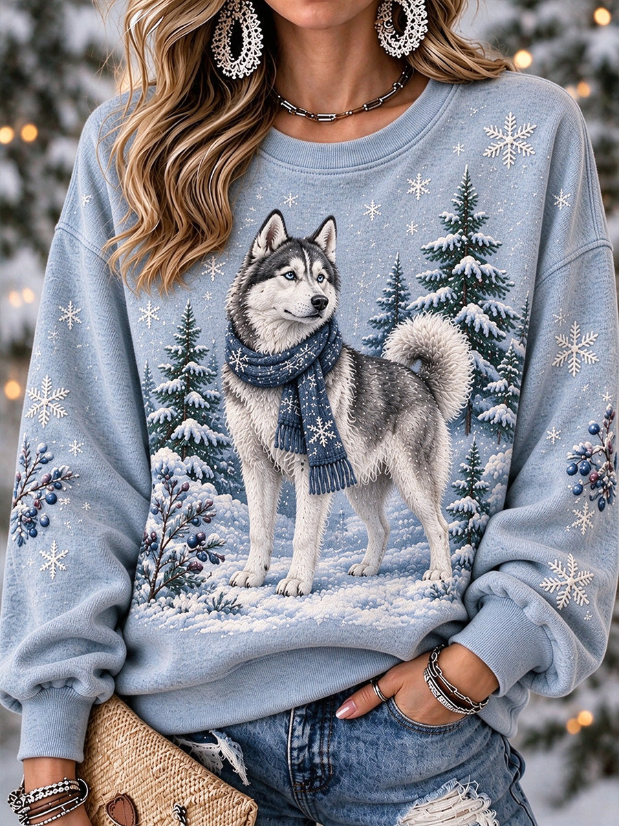 Kvinders sne vinter Husky hund i sneen Print hyggelig sweathirt
