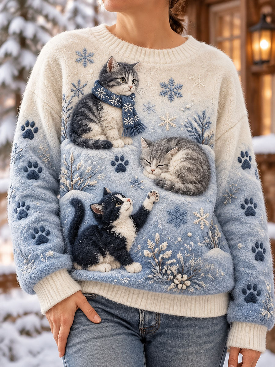 Dameflanelsweatshirt med kattemotiv til vinteren