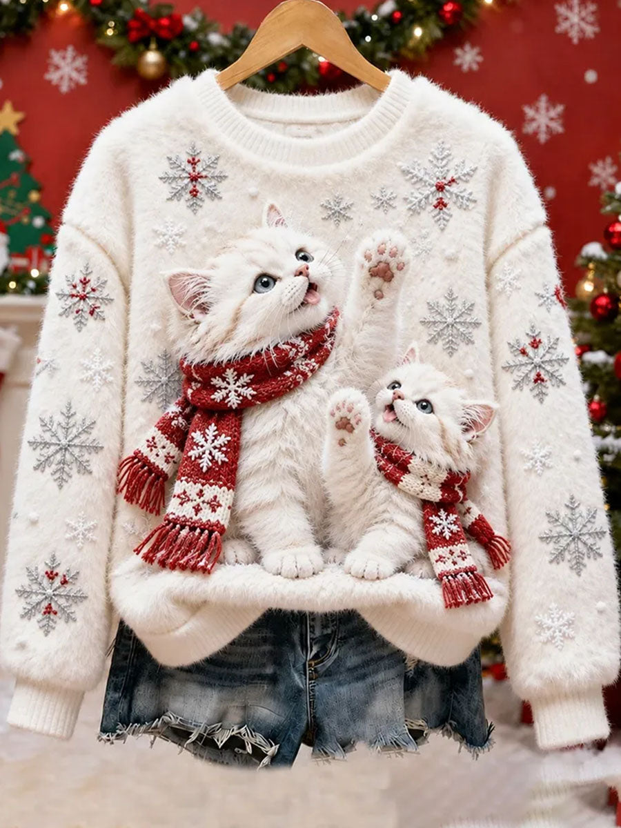 Dameflanelsweatshirt med kattemotiv til vinteren