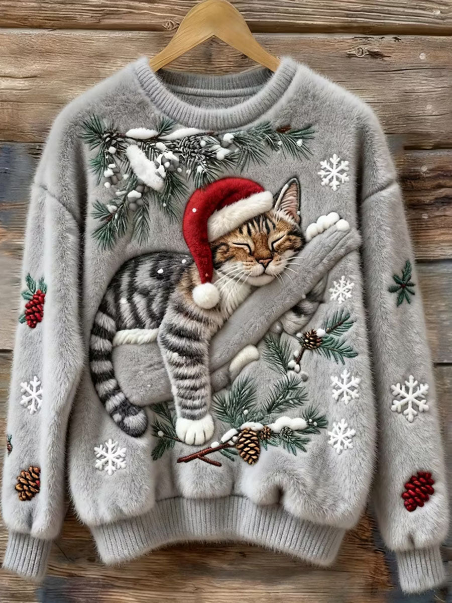 Dameflanelsweatshirt med kattemotiv til vinteren