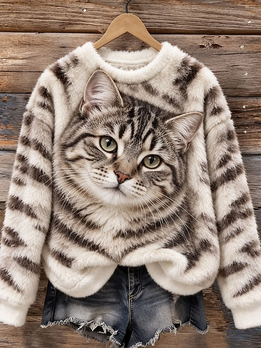 Dameflanelsweatshirt med kattemotiv til vinteren