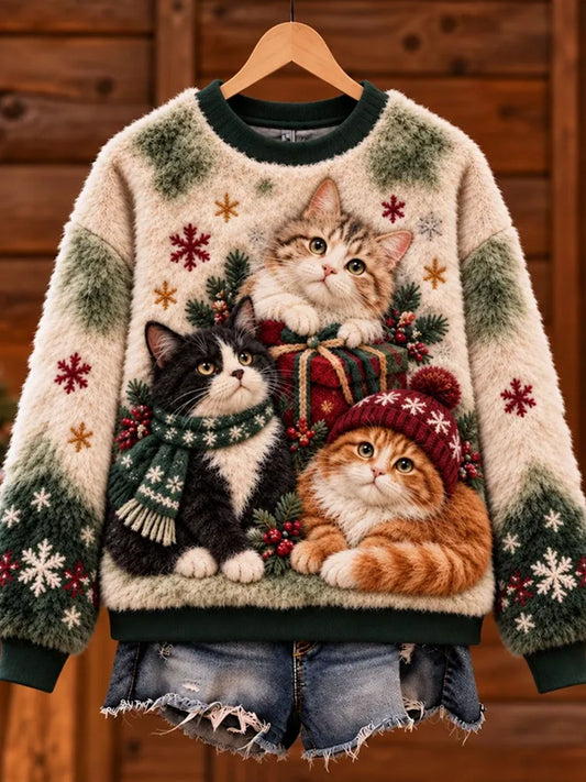 Dameflanelsweatshirt med kattemotiv til vinteren