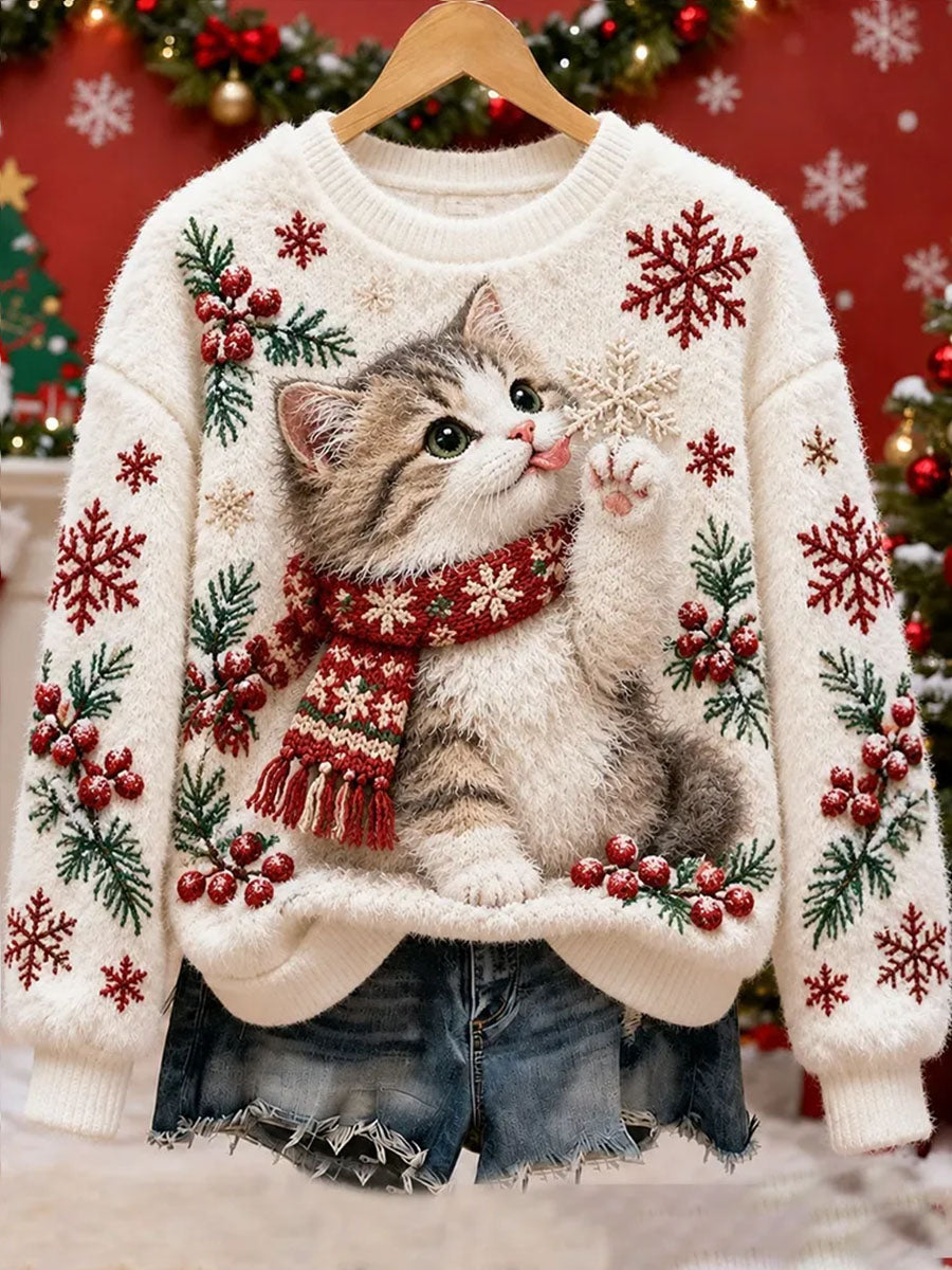 Dameflanelsweatshirt med kattemotiv til vinteren