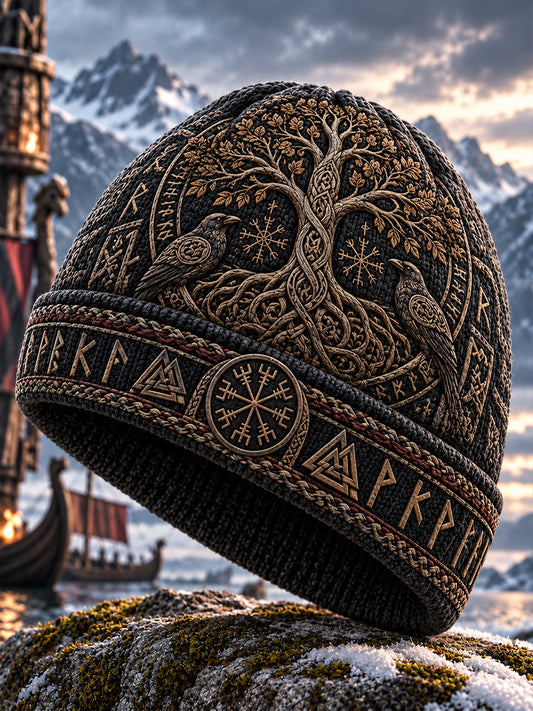 Strikket lue med vintage viking-inspirert mønster