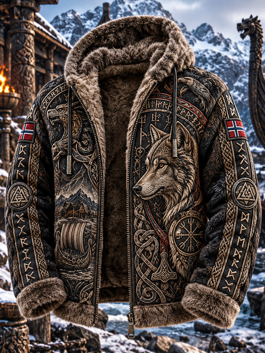 Herrejakke i vintagestil av flanell med vikinginspirerte trykk