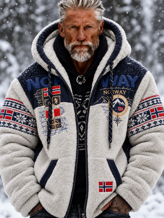 Herre-jakke i flanell med nordisk, norsk Fair Isle-mønster og geometrisk snøfnuggmotiv