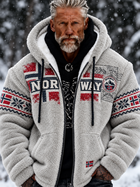 Herre-jakke i flanell med nordisk, norsk Fair Isle-mønster og geometrisk snøfnuggmotiv