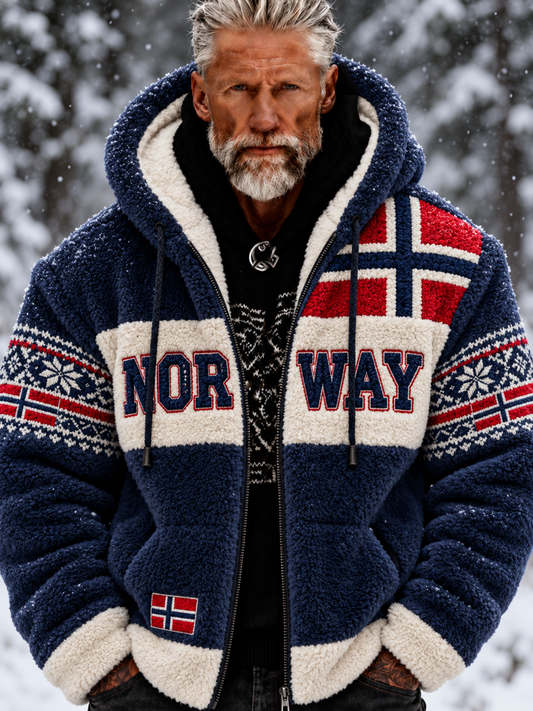 Herre-jakke i flanell med nordisk, norsk Fair Isle-mønster og geometrisk snøfnuggmotiv