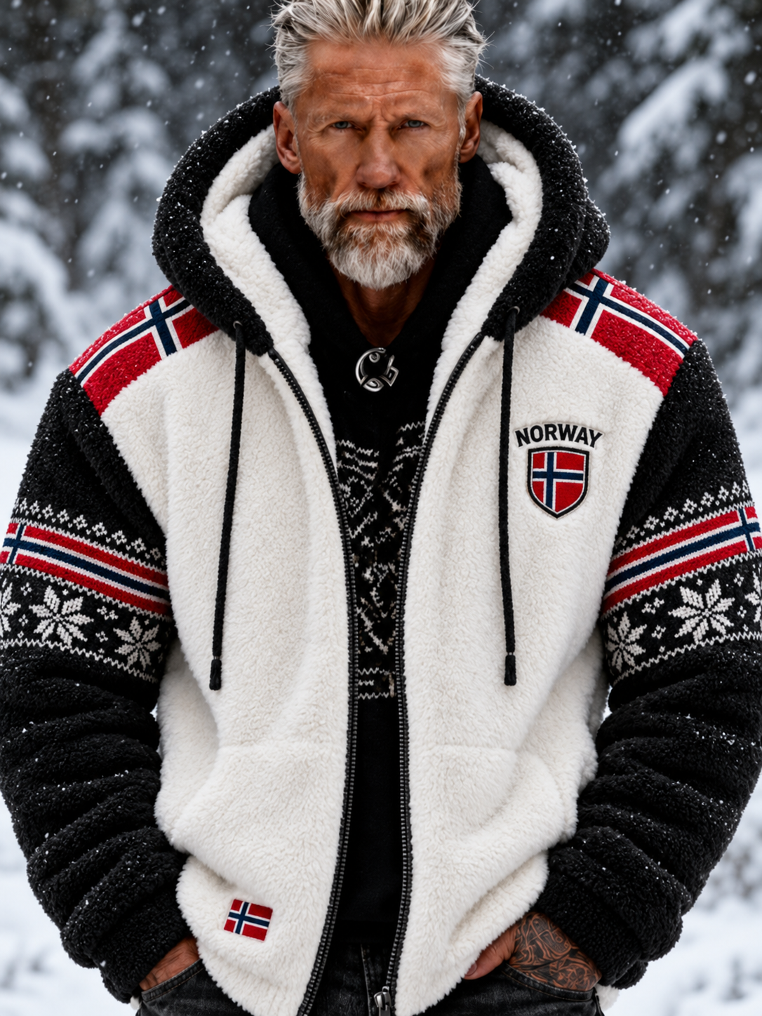 Herre-jakke i flanell med nordisk, norsk Fair Isle-mønster og geometrisk snøfnuggmotiv