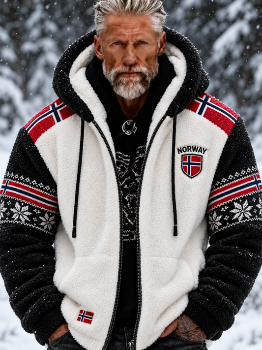 Herre-jakke i flanell med nordisk, norsk Fair Isle-mønster og geometrisk snøfnuggmotiv