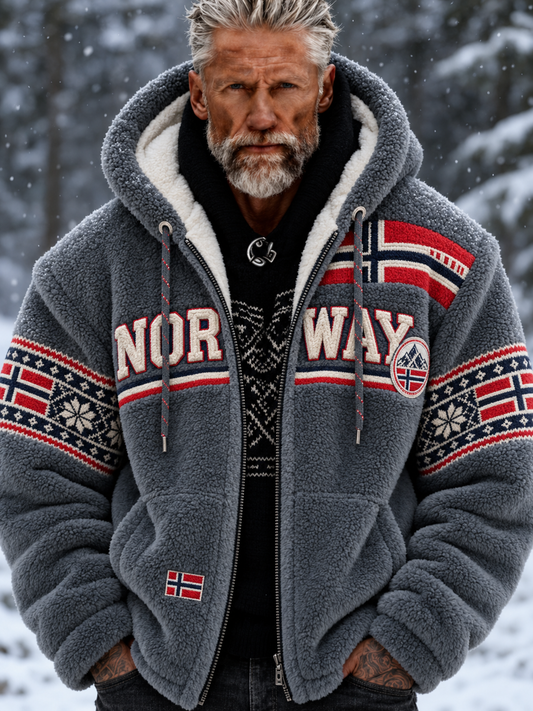 Herre-jakke i flanell med nordisk, norsk Fair Isle-mønster og geometrisk snøfnuggmotiv