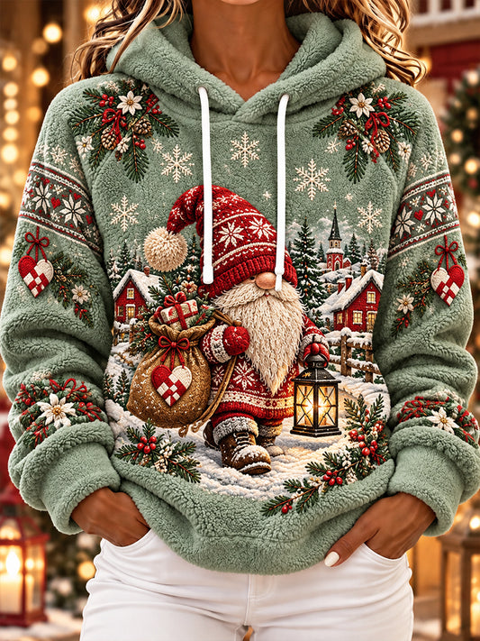 Dame-juledragt med print, flannel, raglanærmer og hætte