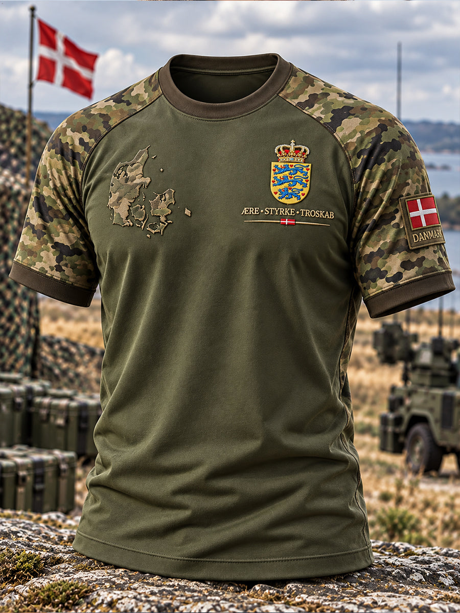 Herre T-shirt med camouflage- og veteranmotiv, raglanærmer og kort ærme