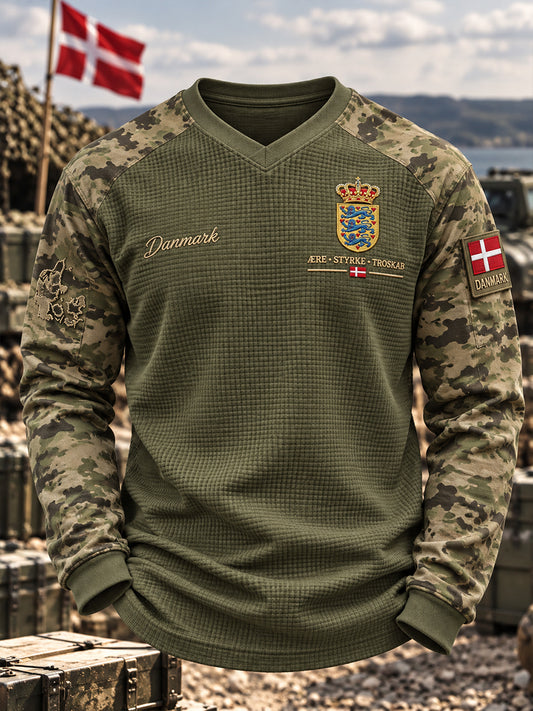 Herre sweatshirt med kamouflagetryk og vaffelstriber, langærmet, i veteranstil
