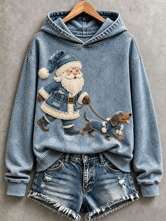 Kvindernes julemand og hund Patchwork kunst Hoodie