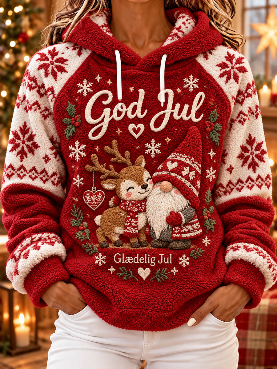 Dameflanelsweatshirt med hætte og julemotiv
