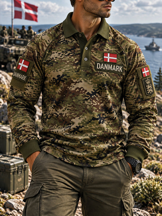 Herrepolo med camouflageprint og raglanærmer, inspireret af veteraner, med lange ærmer