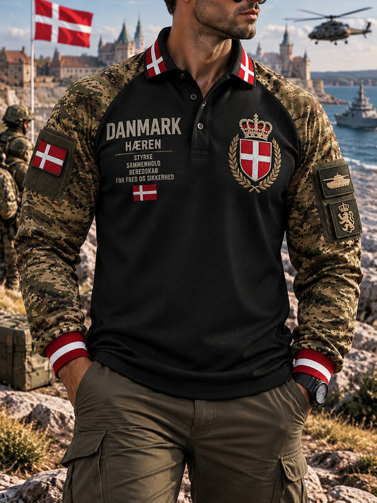 Herrepolo med camouflageprint og raglanærmer, inspireret af veteraner, med lange ærmer