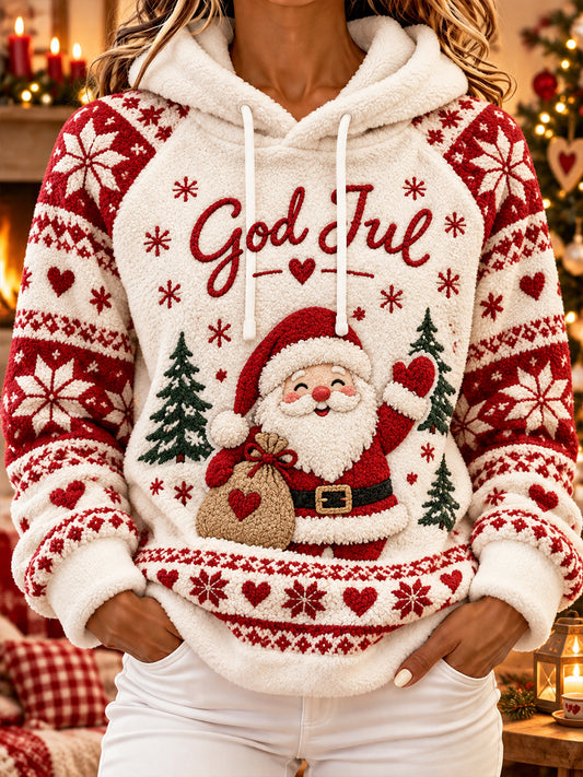 Dameflanelsweatshirt med hætte og julemotiv
