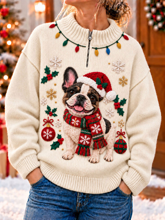 Kvinders julemorsomme hunde-kunsttryk lynlås-sweater