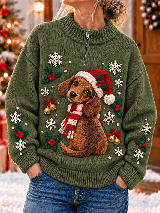 Kvinders julemorsomme hunde-kunsttryk lynlås-sweater