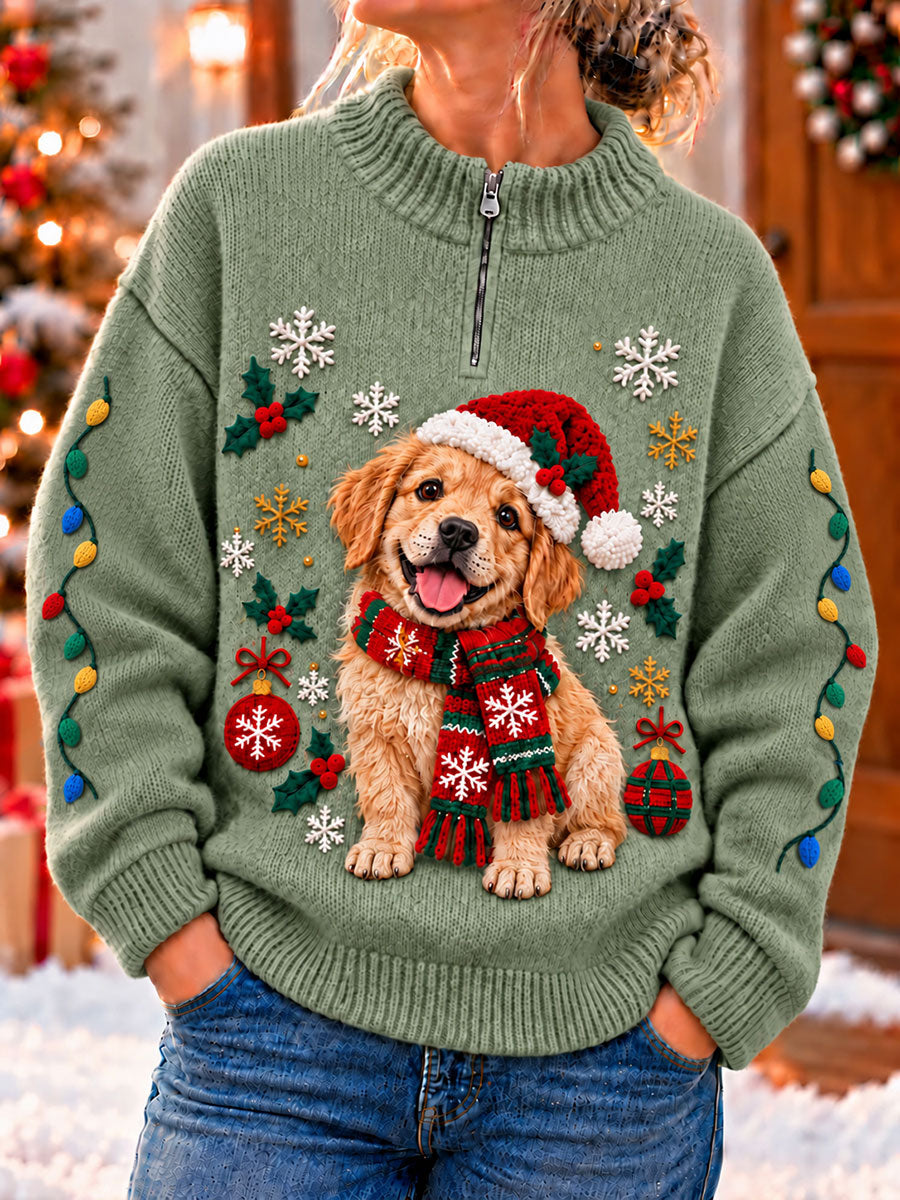 Kvinders julemorsomme hunde-kunsttryk lynlås-sweater