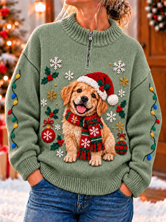 Kvinders julemorsomme hunde-kunsttryk lynlås-sweater