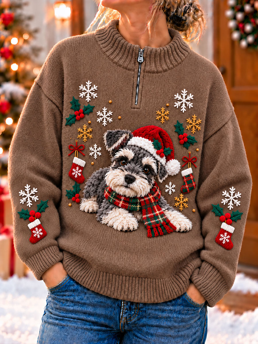 Kvinders julemorsomme hunde-kunsttryk lynlås-sweater