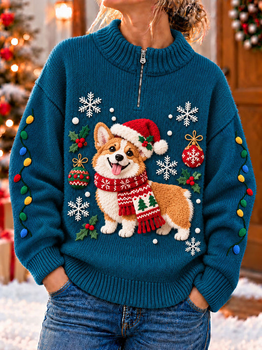 Kvinders julemorsomme hunde-kunsttryk lynlås-sweater