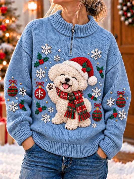 Kvinders julemorsomme hunde-kunsttryk lynlås-sweater