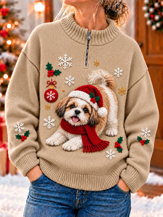 Kvinders julemorsomme hunde-kunsttryk lynlås-sweater