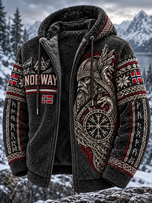 Herrejakke i vintagestil av flanell med vikinginspirerte trykk