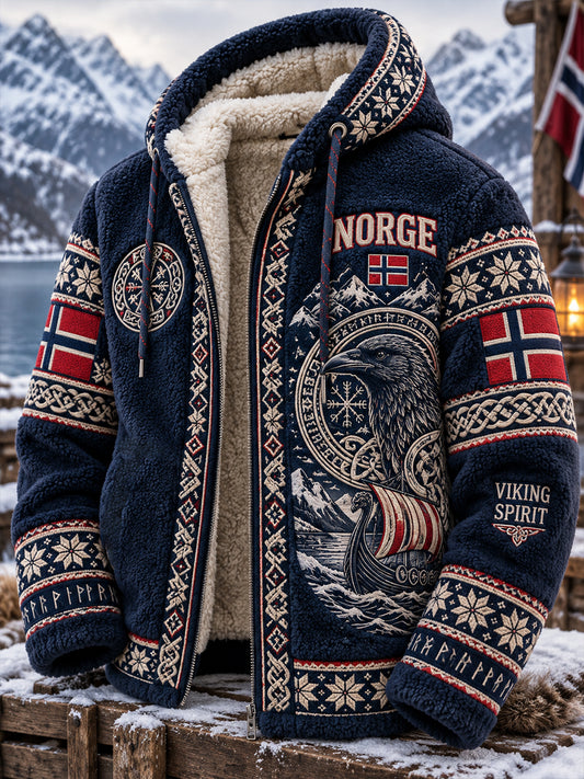 Herrejakke i vintagestil av flanell med vikinginspirerte trykk