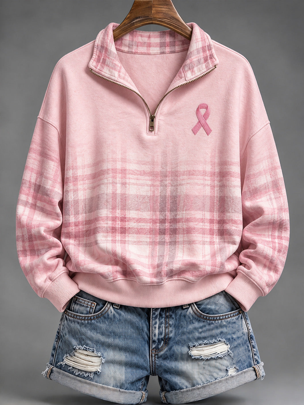Kvinders Pink velgørenhed Bånd Mønster Checkered Design Casual Half-Zip Sweatshirt
