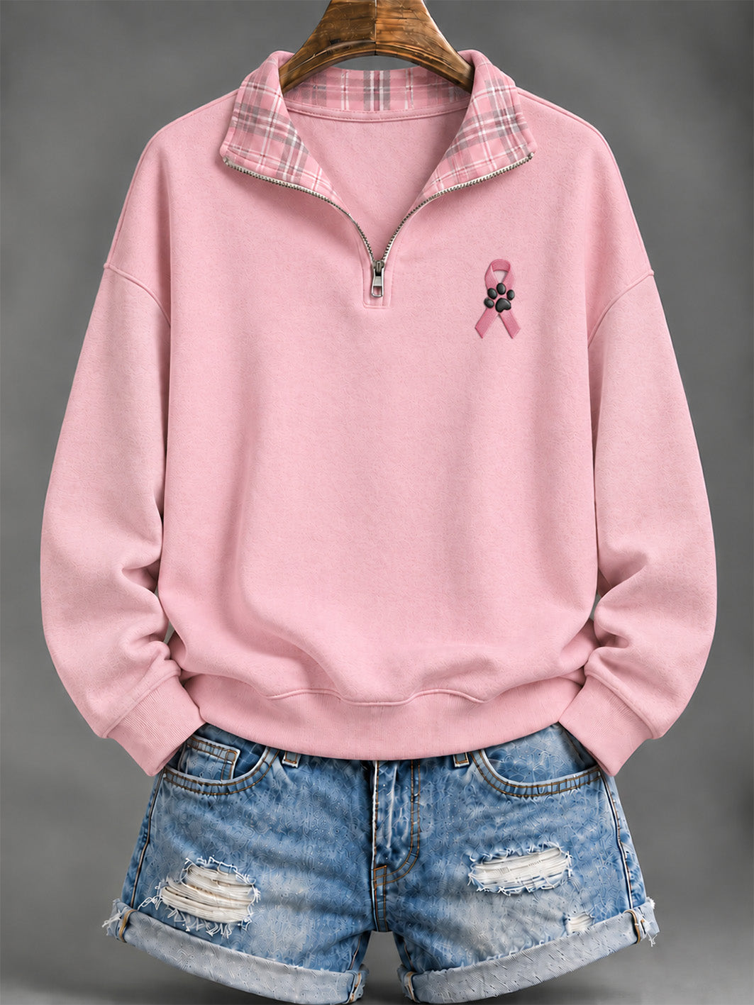 Kvinders Pink Charity Ribbon og tass Mønster Checkered Design Casual Half-Zip sweatshirt