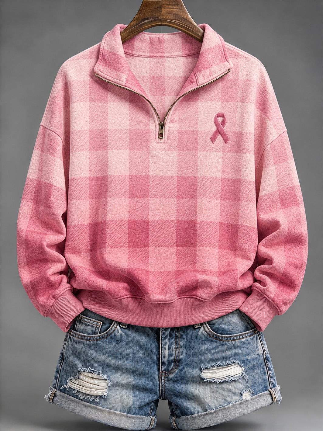 Kvinders lyserøde velgørenhedsbånd Mønster Checkered Design Casual Half-Zip Sweatshirt